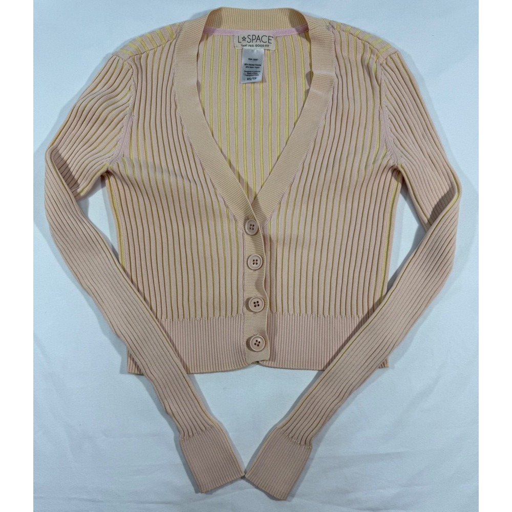 L*Space Ribbed Striped Cropped Cardigan Sweater Peach Yellow XS RN 130061